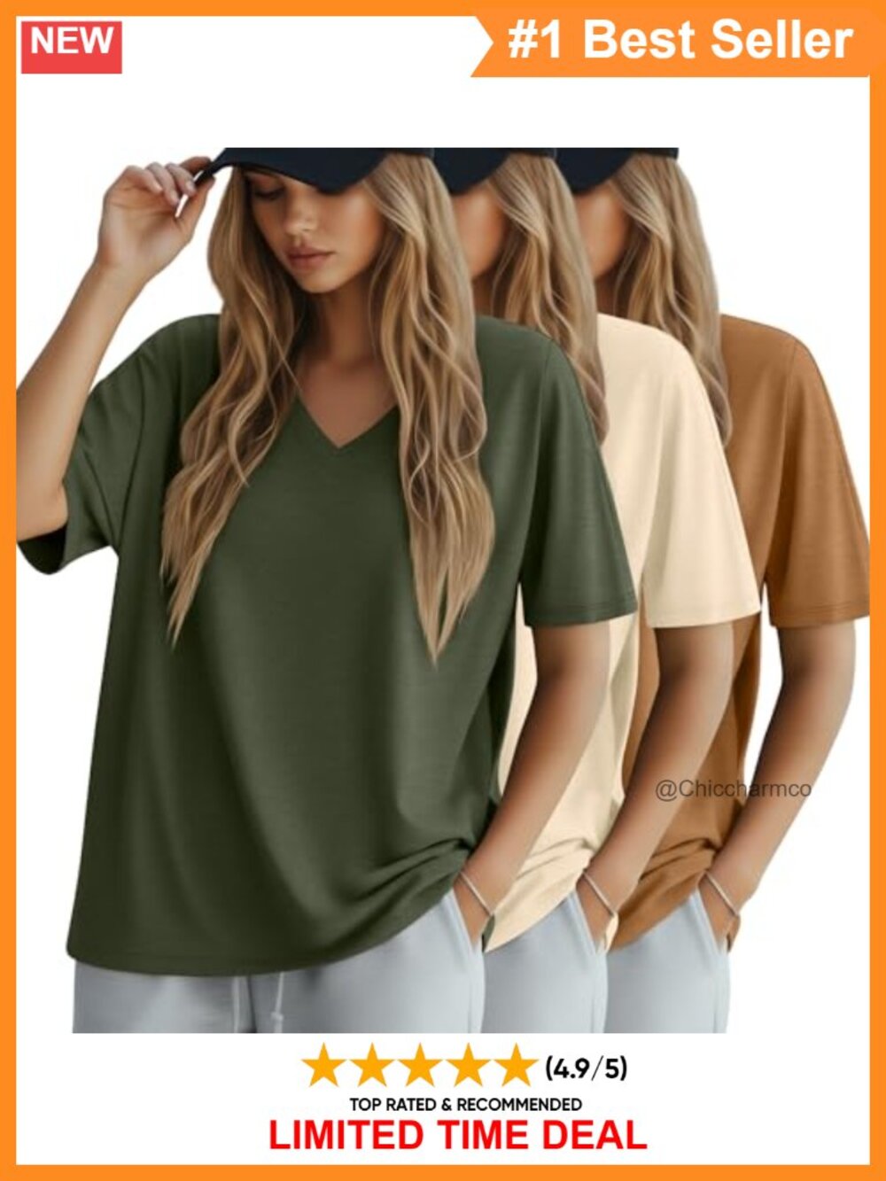 3 Pack Women's Oversized Cotton V Neck T Shirt Summer Gym Top